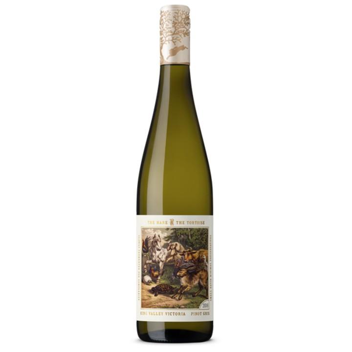 A bottle of Hare and Tortoise Pinot Gris.